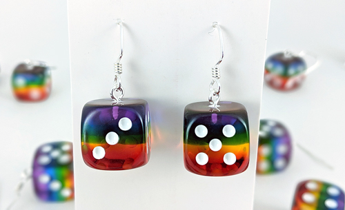 Transparent Rainbow Dice Earrings (1 pair, sterling silver hooks)